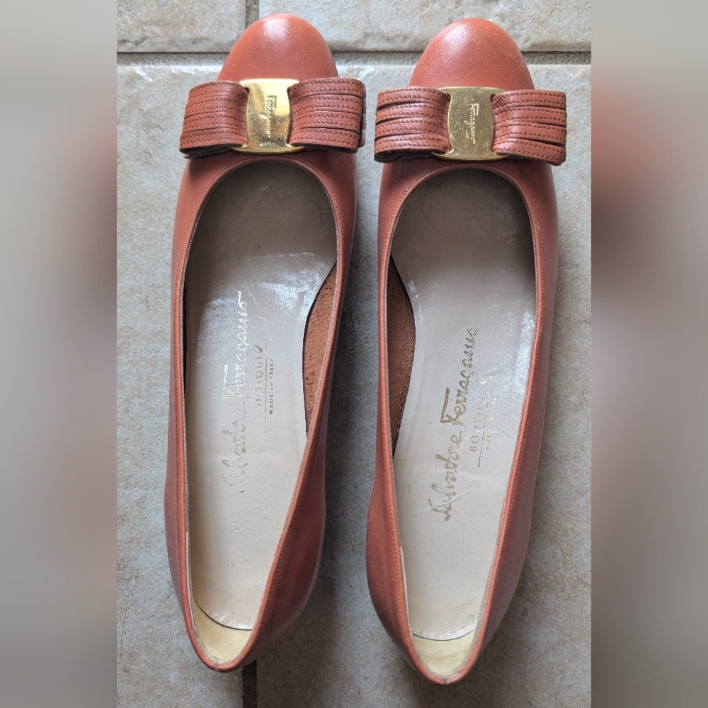 Salvatore Ferragamo Tan Leather Flats with Gold Buckle